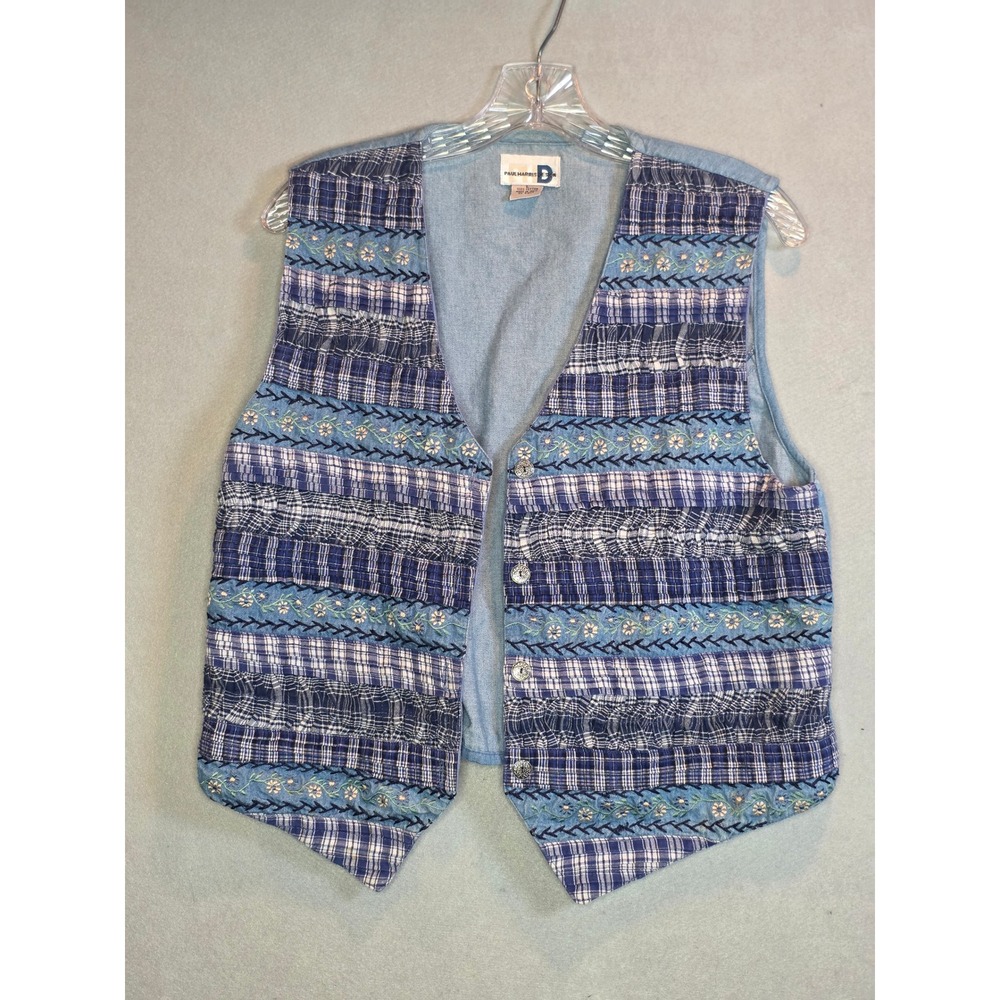 Paul Harris Design Vintage Patchwork Vest Womens Large Floral Plaid Denim Back